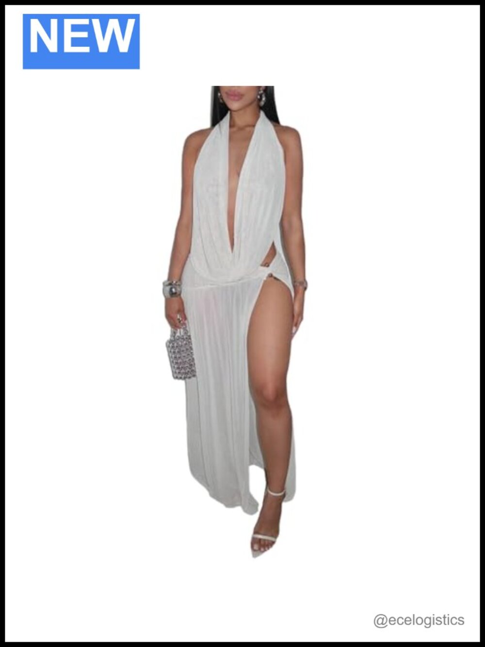 Girls Mesh See Through Cowl Neck Open Back Top High Split Maxi Skirt 2 Piece Set